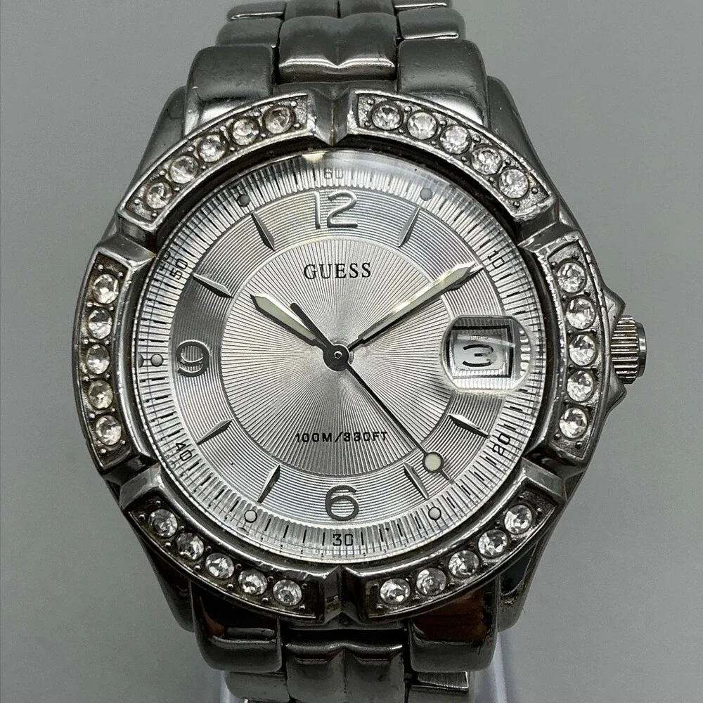 Guess Waterpro Womens Watch 35mm Silver Dial Crystal Bezel New Battery 6.25